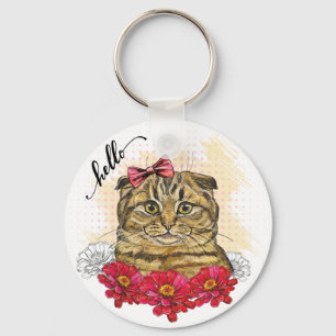Porte-clés Dessin à la main chat plié écossais avec fleurs ro