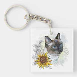Porte-clés Dessin à la main drôle chat thaï mignon avec des f