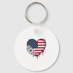 Porte-clés Dessin de gravure florale vintage à coeur patrioti