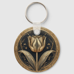 Porte-clés Dessin de tulipe or et noir