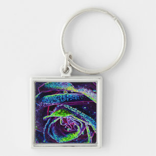 Porte-clés Détail de rose graphique noir blanc bleu et vert
