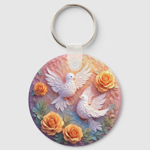 Porte-clés Deux colombes blanches parmi un motif floral