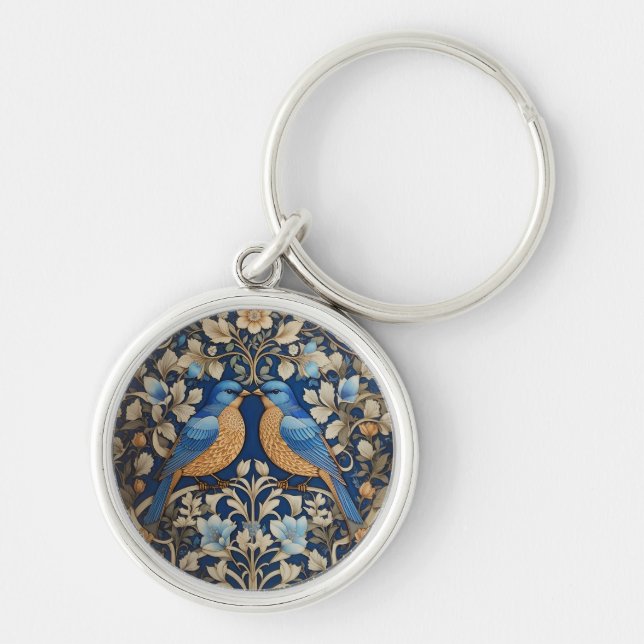 Porte-clés Deux Oiseaux Bleus Élégants William Morris Inspiré (Devant)