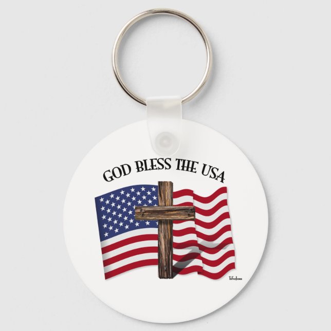 Porte-clés DIEU BLESS USA avec croix robuste et drapeau US (Recto)