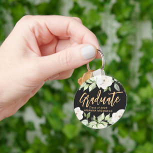 Porte-clés Diplômé botanique floral Script Graduation Noir