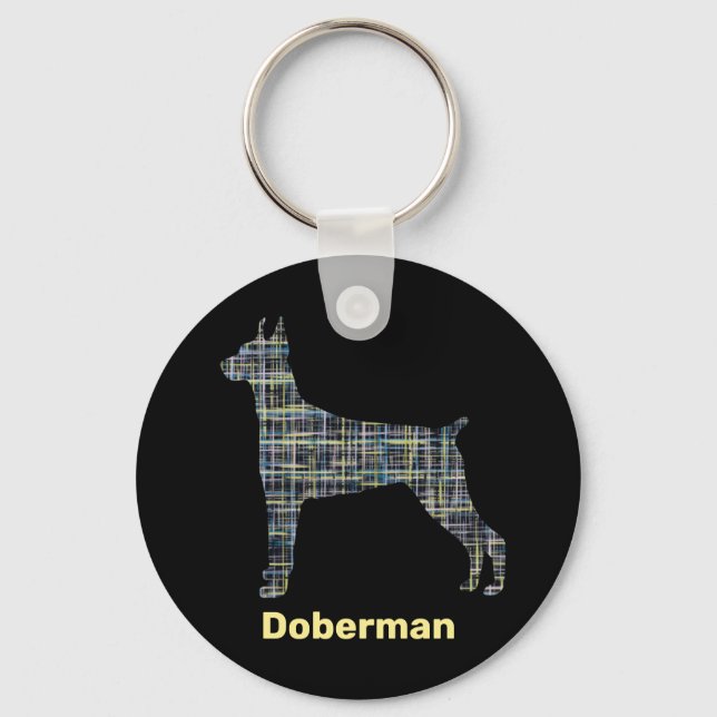 Porte-clés Doberman Chien Silhouette Jaune et Grille Noire (Recto)
