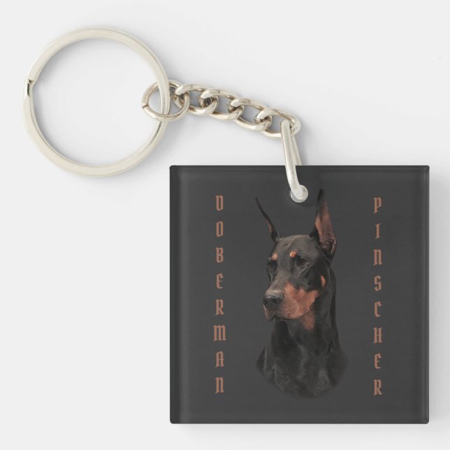 Porte-clés Doberman Pinscher, Carré Mur Horloge T-shirt Butto (Devant)