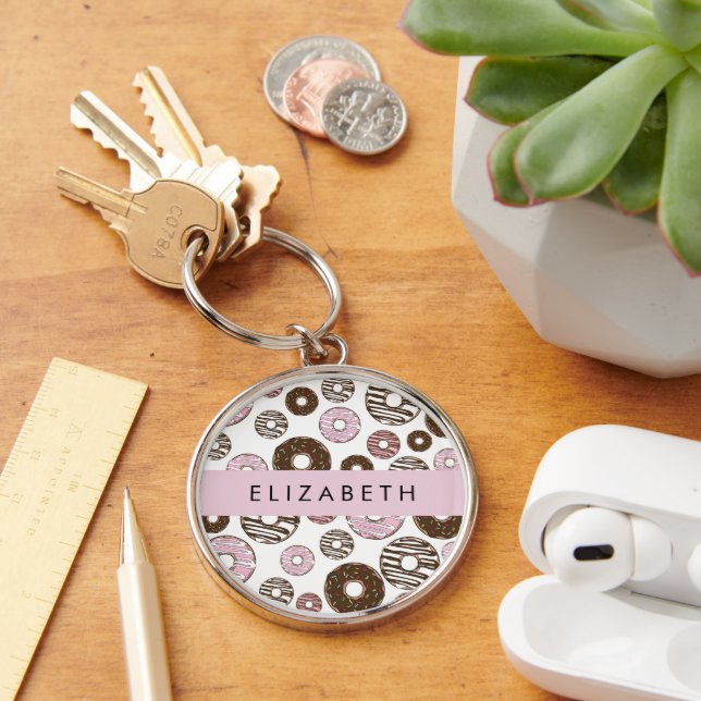 Porte-clés Donuts Roses, Donuts Brown, Sprinkings, Votre Nom (Bureau)