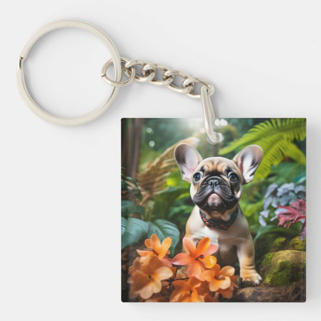Porte-clés 😍Douce Frenchie chiot dans une jungle (Devant)
