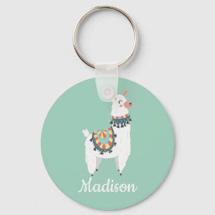 Porte-clés Doux Lama Blanc Monogramme Vert Menthe Nom
