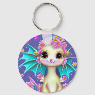 Porte-clés Dragon Bébé mignon aux fleurs roses