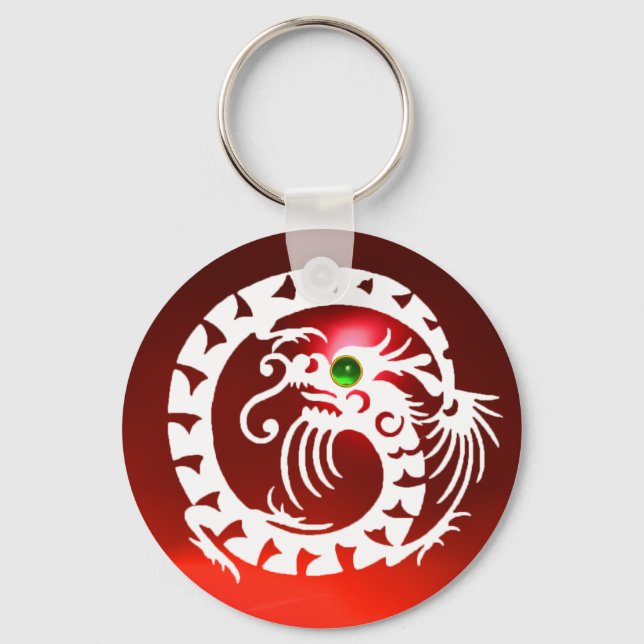 Porte-clés DRAGON DE NAGE, blanc, rubis rouge, émeraude verte (Recto)