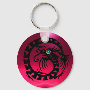 Porte-clés DRAGON DE NAGE, noir, aquamarine bleue, rubis rose