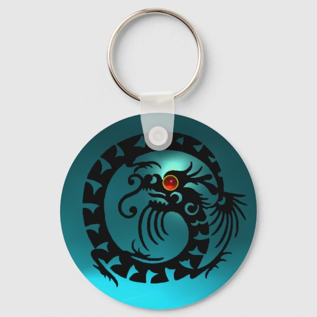 Porte-clés DRAGON DE NAGE, noir, rubis rouge, aquamarine bleu (Recto)