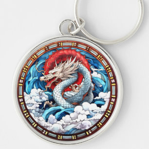 Porte-clés Dragon mythique asiatique en rouge et bleu