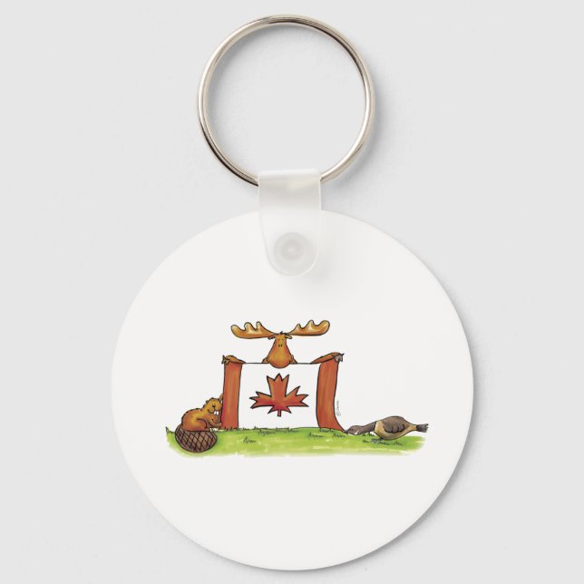 Porte-clés Drapeau canadien avec orignal, castor et oie (Recto)