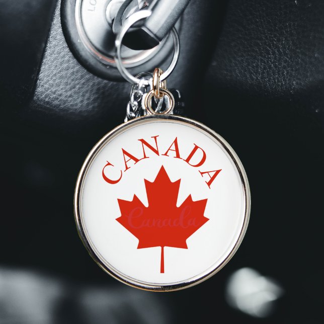 Porte-clés Drapeau canadien rouge et blanc du Canada (Canada Canadian flag maple leaf round silver keychain)
