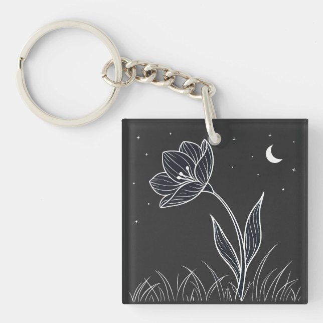 Porte-clés Dreamlit Moonlit Flower Line Art avec étoiles (Devant)