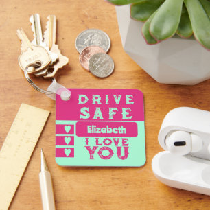Porte-clés Drive safe I love you add name photo pink green