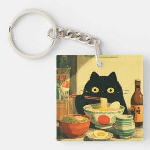 Porte-clés Drôle chat noir manger Ramen   Vintage japonais