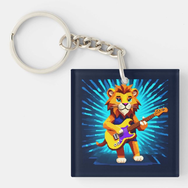Porte-clés Drôle Lion Jouer Guitare (Devant)