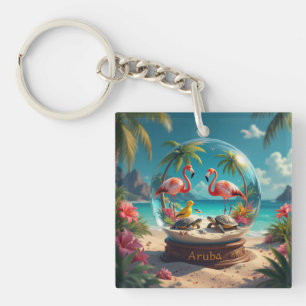 Porte-clés Dushi plage aruba globe avec flamants roses