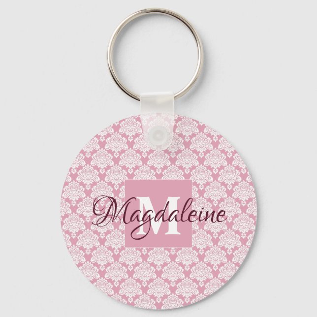 Porte-clés Dusty Rose Damask Lace Motif Monogramme & Nom (Recto)