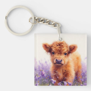 Porte-clés Écossais Highland Vache Calf Violet Fleurs sauvage