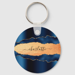 Porte-clés Écriture de nom de marbre d'agate d'or bleu