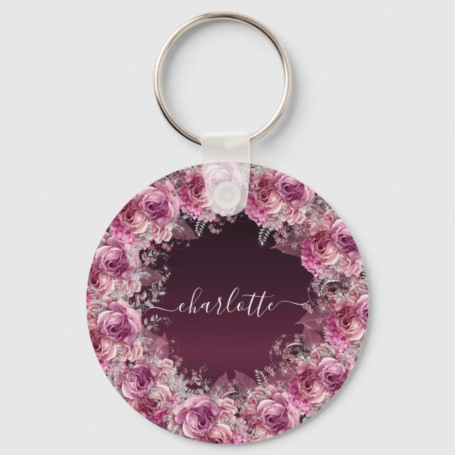 Porte-clés Écriture de nom floral rose bordeaux (Recto)