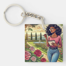Porte-clés écrivain dans un jardin de roses