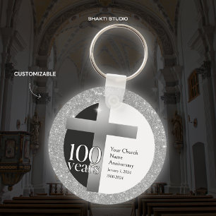 Porte-clés Église gris argent 100e anniversaire Personnalisé