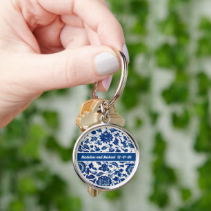 Porte-clés Élégant Bleu Campagne Française Toile Chinoiserie