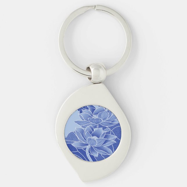 Porte-clés Elégant bleu Lotus Fleurs Mandala Chinoiserie (Devant)