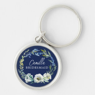 Porte-clés Elégant bleu marine Floral Custom Bridesmaid Cadea