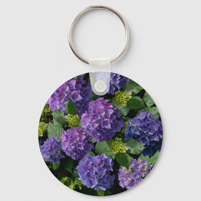 Porte-clés Elégant bleu violet magenta vert hydrangée florale (Recto)