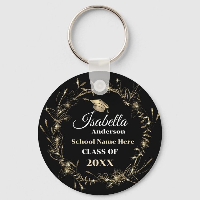 Porte-clés Élégant cadre Or Nom de grade Graduation (Recto)