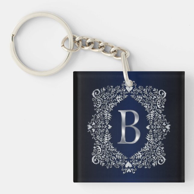 Porte-clés Élégant cadre orange diamant initial B (Devant)