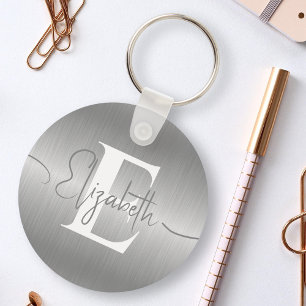 Porte-clés Élégant gris argenté brossé métallique Monogramme