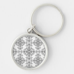 Porte-clés Élégant gris et blanc, floral damassé, art victori