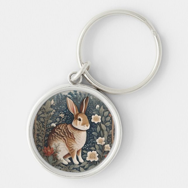 Porte-clés Elégant lapin encadré de fleurs et de Feuilles (Devant)