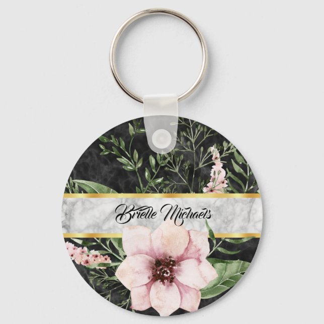 Porte-clés Élégant Marbre Noir Rose Floral Avec Nom (Recto)
