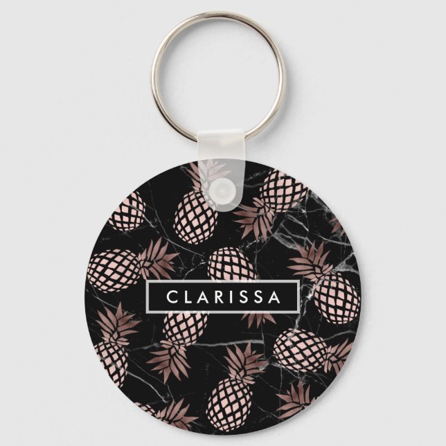 Porte-clés élégant marbre noir rose or ananas (Recto)