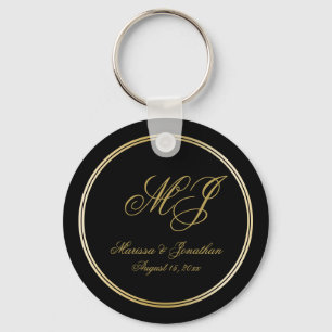 Porte-clés Élégant Mariage de script de monogramme d'or noir