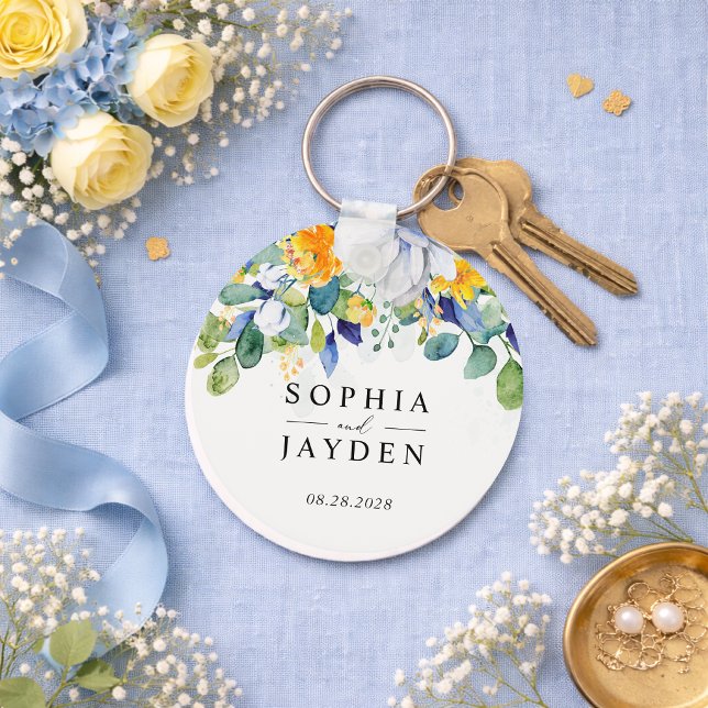 Porte-clés Élégant mariage fleuri jaune blanc (Créateur téléchargé)