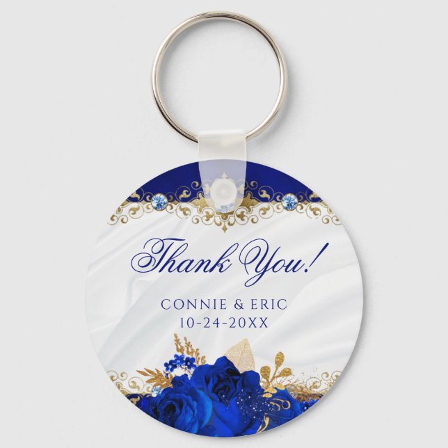 Porte-clés Elégant Mariage Floral Royal Blue Merci Favor (Recto)