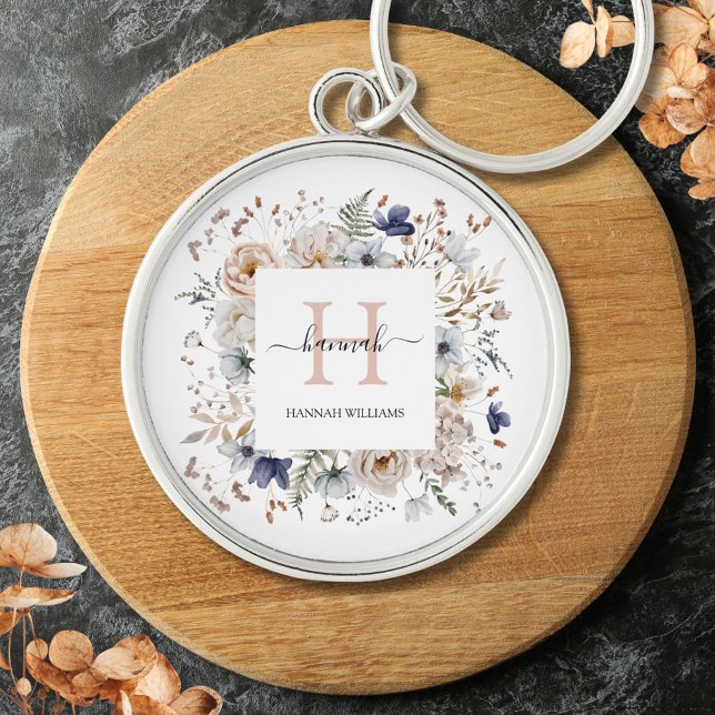 Porte-clés Elegant Monogram Pretty Beige Blue Flowers Floral (In situ)