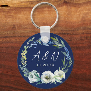 Porte-clés Élégant Monogramme floral bleu marine Mariage d'hi