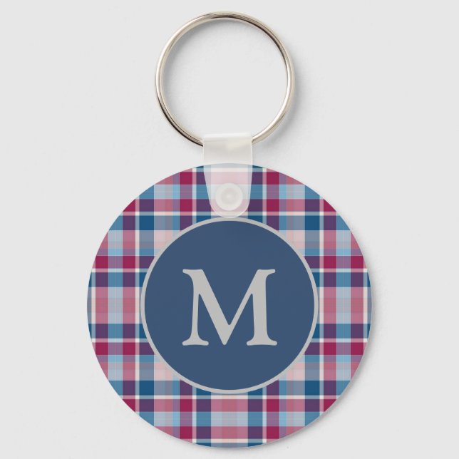 Porte-clés Élégant Monogramme Plaid Classique (Recto)