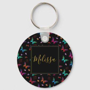 Porte-clés Élégant Motif de papillons colorés sur noir